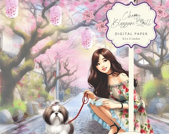 Japanese Cherry Blossoms Dog Walk Shih Tzu Girl Floral Dress Lanterns Beautiful Decoupage Florals Digital Paper 8.5x11 Printable DIY