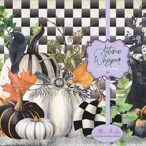 Rice Paper Autumn Whisper Pumpkins Halloween Whimsy Black Check Cat Raven A4