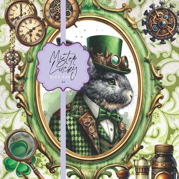 Rice Paper Mr. Lucky Steampunk Rabbit St Paddy's Day Gold Leprechaun Green Gold A4