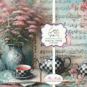 Può includere: Carta digitale con un design floreale vintage, una teiera e una tazza da tè su un libro con spartiti musicali. La carta misura 11x8,5 pollici e ha il titolo "Cozy Tea-l".