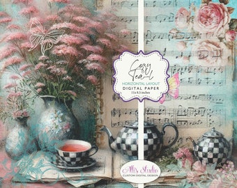 Gemütliche Teal Tea Karos Teal Noten Vintage Antik Papier Schwarz und Weiß Teekanne Florals Schmetterling Digitales Papier 11x8.5 Printable DIY