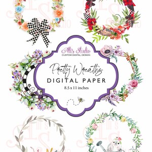 Fantaisie jolies couronnes papillons cardinaux papier numérique floral 8,5 x 11 imprimable DIY