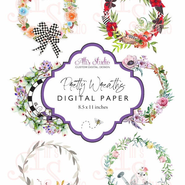 Whimsy Pretty Wreaths Cardinal Butterflies Floral Digital Paper 8.5x11 Printable DIY