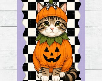 Rice Paper Cat Pumpkin Halloween Kitty Punkin Checks Decoupage Ephemera A4