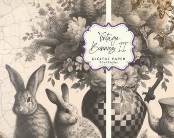 Vintage Bunnies 2 Rabbits Old World Crackle Sepia Tone Neutral Renaissance Check Vase Florals Digital Paper 8.5x11 Printable DIY