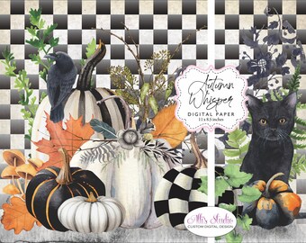 Autumn Whisper Pumpkins Halloween Whimsy Black Check Cat Raven Decoupage Collage Ephemera Digital Paper 8.5x11 Printable DIY
