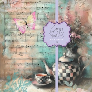 May include: A vintage-inspired design featuring a teapot, teacup, and saucer with a checkered pattern. The background includes a musical score, butterflies, and floral elements. The text "Cozy Tea-L RICE PAPER A4" is visible in the image.