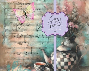 Rice Paper Tea Checks Teal Sheet Music Vintage Antique Paper Black and White Teapot Florals Butterfly Cozy A4