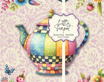 Little Teapot Whimsical Tea Party Checks Florals Decoupage Colorful Digital Paper 8.5x11 Printable DIY