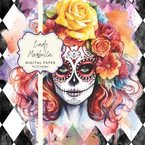 Lady Marbella dia de los Muertos suiker schedel make-up Halloween gotische schedel harlekijn decoupage collage kortstondige digitale papier afdrukbare DIY