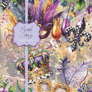 Rice Paper Mardi Gras Fat Tuesday New Orleans Fleur de lis Carnival Purple Green Gold Crown Beads A4