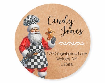 Santa Chef Christmas Check Apron Gingerbread Holiday Round Address Labels / Stickers
