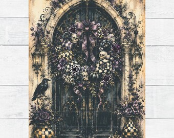 Gotische deurkrans voor Halloween, gotische zwarte kattenschedels, ouderwetse decoupage, ephemera, digitaal papier, printbaar, doe-het-zelf