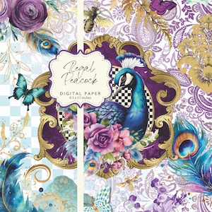Peacock Teal Victorian Purple Butterflies Check Paisley Bees Digital Paper 8.5x11 Printable DIY