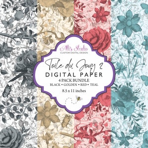 French Toile Black Gold Red Teal Florals Butterflies Dove Digital Paper Pack 8.5x11 Printable DIY