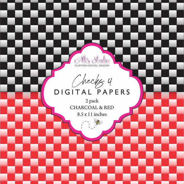 Black Charcoal Check and Red Check 2 pack Digital Paper 8.5x11 Printable DIY