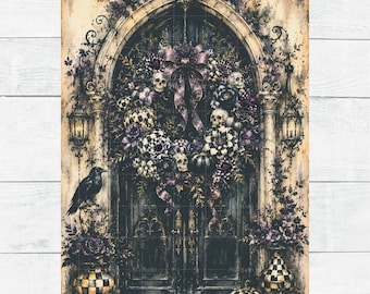 Rice Paper Goth Door Wreath Halloween Gothic Black Cat Skulls Old World  Decoupage Ephemera A4