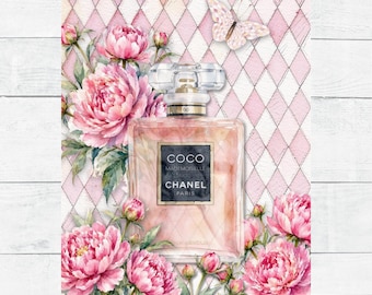 Rice Paper Perfume Bottle Mademoiselle Pink Peonies Paris Harlequin Romantic Ephemera A4