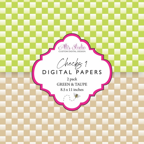 Apple Green Check and Taupe Check 2 pack Digital Paper 8.5x11 Printable DIY