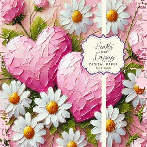 Harten madeliefjes roze rozen Impasto olieverfschilderij hart liefde Valentijnsdag digitaal papier 8,5 x 11 afdrukbare DIY