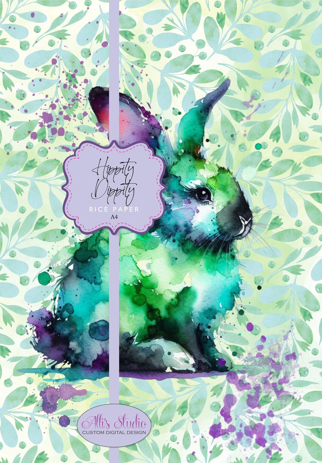 Tiny Green Rabbit Paper Rice Paper Green Bunny Rabbit Watercolor Hippity Dippity Purple ...