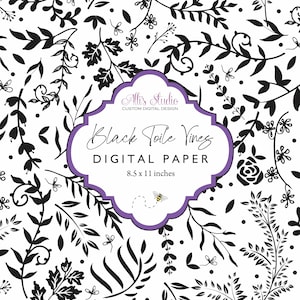 Black and White Vine Leaves Toile Digital Paper 8.5x11 Printable DIY