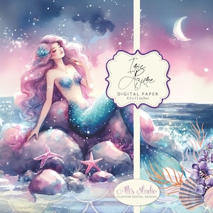 Meerjungfrau Sirene Nymphe Meer Ozean Iris Azur Nautisches Digitales Papier 8.5x11 Printable DIY