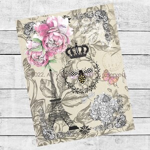 May include: A vintage-inspired digital paper featuring a black and white illustration of the Eiffel Tower, a crown, a bee, and butterflies. The background is a beige canvas with pink peonies and other floral elements.