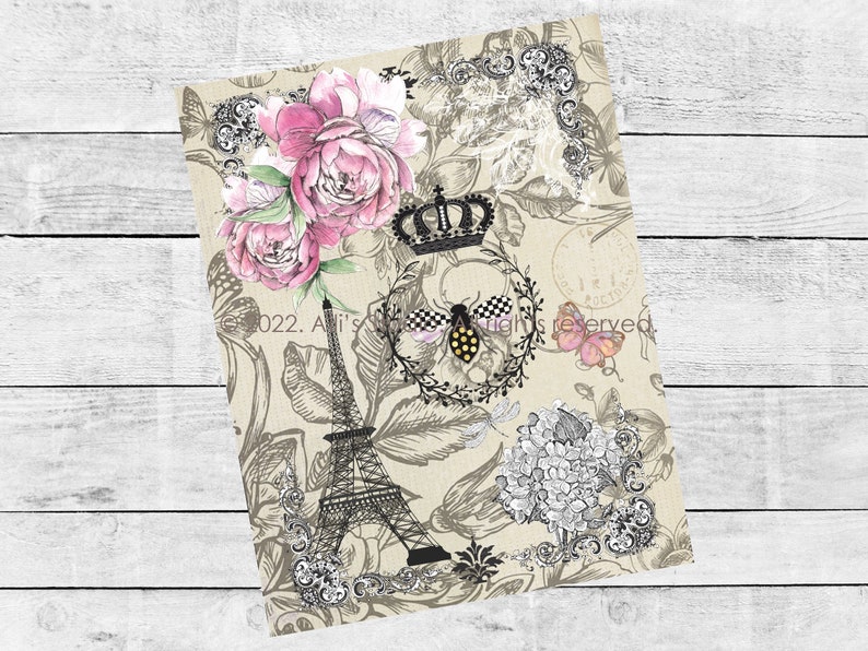 May include: A vintage-inspired digital paper featuring a black and white illustration of the Eiffel Tower, a crown, a bee, and butterflies. The background is a beige canvas with pink peonies and other floral elements.