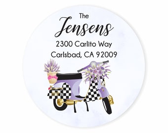 Scooter Personalized Address Labels Stickers / Checkered Purple Scooter Address Labels