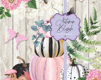 Rice Paper Autumn Blush Pumpkins Stack Fall Halloween Whimsy Pink Check Squirrel Butterflies A4