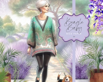 Rice Paper Beagle Beach Walk on the Boardwalk Mature Woman Lavender Green Tunic Paisley Decoupage Florals A4