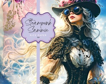 Rice Paper Steampunk Sammie Woman Purple Green Peony Whimsy Decoupage A4