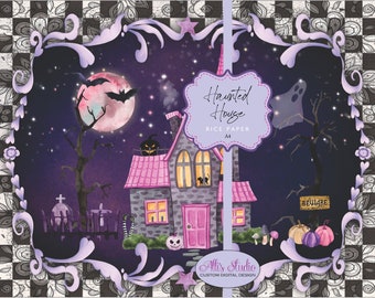 Rice Paper Haunted House Witch Pumpkins Halloween Whimsy Black Cat Haunted Mansion A4