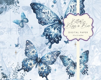 Butterfly Blue Bliss Butterflies Toile Floral Decoupage Enchantment Collage Ephemera Digital Paper 8.5x11 Printable DIY