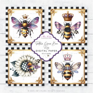 Queen Bee Tartan Checks 4x4 Tiles Crown Vintage Ephemera Digital Paper 8.5x11 Printable DIY
