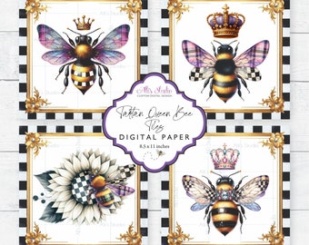 Queen Bee Tartan Checks 4x4 Tiles Crown Vintage Ephemera Digital Paper 8.5x11 Printable DIY