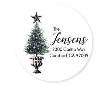 Christmas Tree Topiary Urn Holiday Round Address Labels / Stickers