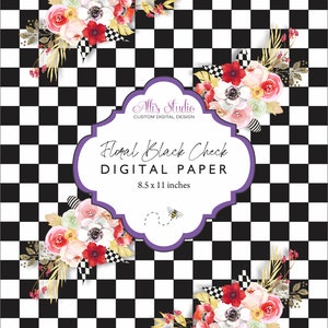 Black and White Check Floral Digital Paper 8.5x11 Printable DIY