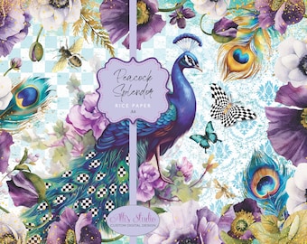 Rice Paper Peacock Damask Teal Purple Butterflies Check Sparkle Bees A4