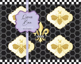 Rice Paper Queen Bee Black and White Check Damask Dots Fleur de lis A4