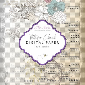 Whimsy Vintage Check Ephemera Digital Paper 8.5x11 Printable DIY