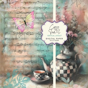 May include: Digital paper featuring a vintage teapot, teacup, and butterfly on a background of sheet music. The paper is 8.5 x 11 inches and has a vertical layout. The text "Cozy Tea Time" is in a purple circle.