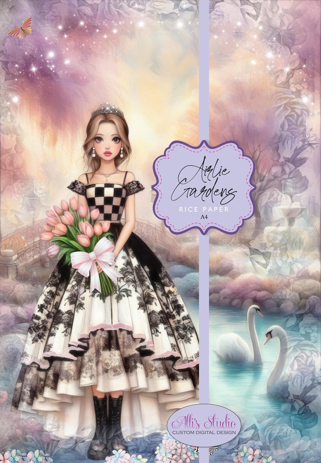 Rice Paper Girl in Garden Watercolor Swans Dreamy Pink Hydrangeas Toile ...