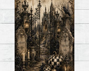 Rice Paper Graveyard Graves Halloween Skull Gothic Raven Gate Old World  Decoupage Ephemera A4