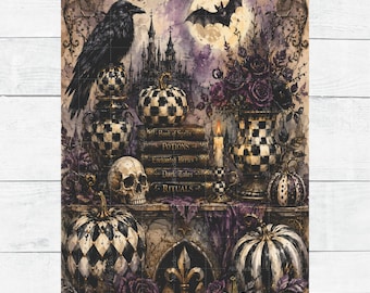 Rice Paper Hallowed Halloween Gothic Raven Spells Old World  Decoupage Ephemera A4
