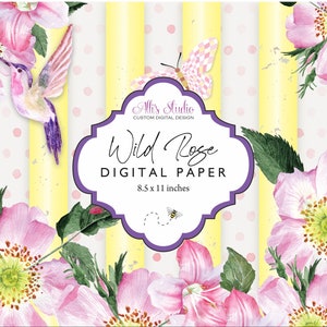 Rose sauvage rose rayures jaunes papillon floral colibri papier numérique 8,5 x 11 imprimable bricolage