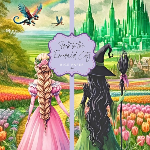 Papel de arroz Ciudad Esmeralda Ladrillo Amarillo Glinda Bruja Malvada Acuarela Elphaba Oz Decoupage A4