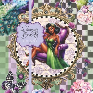 Rice Paper Pin Up Throne Crown African-American Whimsical Thistle Hydrangea Peacock Brunette Pin Up Girl Black Purple Green Decoupage A4 image 1