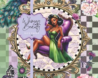 Rice Paper Pin Up Throne Crown African-American Whimsical Thistle Hydrangea Peacock Brunette Pin Up Girl Black Purple Green Decoupage A4